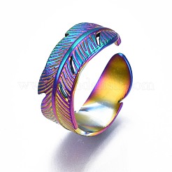 304ステンレススチールフェザーラップカフリング  女性のためのレインボーカラーオープンリング  usサイズ10（19.8mm）&nbsp;RJEW-N038-061