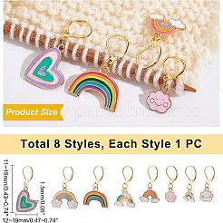レインボー＆クラウド＆ハートのエナメルダングルフレンチフックピアス（女性用）8個、8スタイル  ゴールドカラー  ミックスカラー  26.5~38mm  ピン：0.8mm  1個/スタイル&nbsp;HJEW-NB0001-35