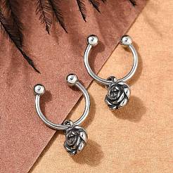 ローズフラワー 316 サージカルステンレススチール ダングル ハーフフープ イヤリング 女性用  アンティークシルバー  20x7mm  内径：10.16mm  ピン：1.16mm（17ゲージ）&nbsp;EJEW-G416-45AS