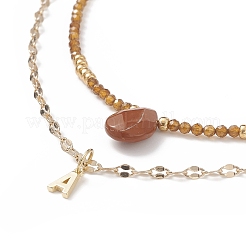 2Pcs 2 Style Natural Red Jasper Teardrop & Brass Initial Letter A Pendants Necklaces Set&nbsp;NJEW-JN04045