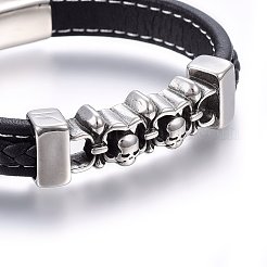 レザーコードブレスレット  304ステンレススチール製マグネット留め具付き  頭蓋骨とフルール・ド・リス  アンティークシルバー＆ステンレス鋼の色  8-5/8インチ（22cm）  12~14x6~9mm&nbsp;BJEW-G603-20