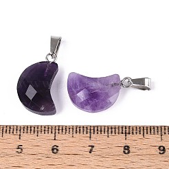 天然石アメジストペンダント  ファセット加工された月のチャーム  ステンレススチール製のベールスナップ付き  ステンレス鋼色  18.5~19.5x10~11.5x5.5~6mm  穴：6x2.5mm&nbsp;G-N349-02C-P