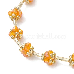 女性用ガラスシードビーズブレスレット  花  多面カット  オレンジ  7-5/8インチ（19.5cm）&nbsp;BJEW-MZ00216-01