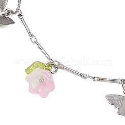 5Pcs 5 Colors 201 Stainless Steel Butterfly & Spray Painted Glass Flower Charm Brass Bar Link Chain Anklets&nbsp;AJEW-AN00736