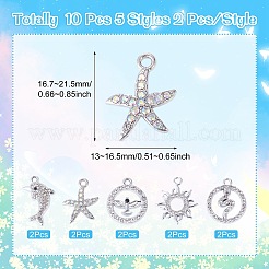 10本5スタイルアロイペンダント  ラインストーン付き  プラチナ  クリスタル  16.7~21.5x13~16.5mm  2個/スタイル&nbsp;FIND-TADJ0001-26A