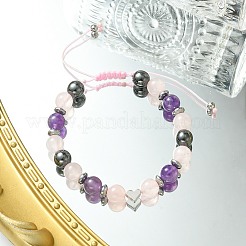 Natural Rose Quartz & Amethyst & Brass Heart Braided Bead Bracelet&nbsp;BJEW-JB09703-03