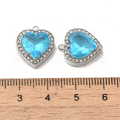 304ステンレスペンダント  ガラスとラインストーン付き  ハートチャーム  ディープスカイブルー  16x14x5.7mm  穴：1.4mm&nbsp;STAS-L022-081P-05