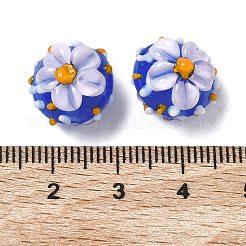 手作りのランプワークエナメルビーズ  手描きのビーズ  花のあるでこぼこした丸い  ブルー  14x10.5~12mm  穴：1.5mm&nbsp;LAMP-Z020-05E
