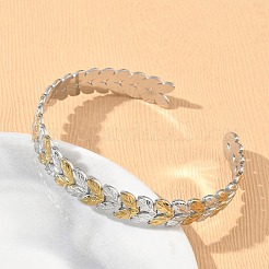 女性用304ステンレススチールカフバングル  葉  イオンプレーティング（ip）  長持ちメッキ  ゴールデン·ステンレス鋼色  内径：2.05インチ（5.2cm）x2.20インチ（5.6cm）&nbsp;BJEW-D466-02GP