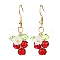丸いアクリルとガラスビーズの花のダングルイヤリング  ゴールドカラー  レッド  40.5x13.5mm&nbsp;EJEW-JE06634-01