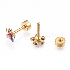 304ステンレススチール製耳たぶプラグ  スクリューバックイヤリング  ラインストーン付き  花  ゴールドカラー  カラフル  10mm  ピン：1mm&nbsp;EJEW-H105-11A