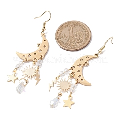 月と星と太陽と稲妻の合金シャンデリアピアス  ガラスのロングドロップイヤリング  ライトゴールド  75x20mm&nbsp;EJEW-JE05718