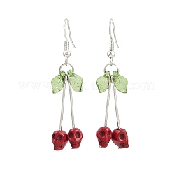 Brass Synthetic Turquoise Skull Dangle Earrings&nbsp;EJEW-JE06534-01