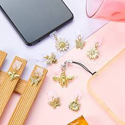 3 個のプラスチックモバイル防塵プラグ  蝶  真鍮マイクロパヴェクリアキュービックジルコニアペンダントとコードループ付き  ゴールドカラー  22~27mm&nbsp;HJEW-SW00230-07