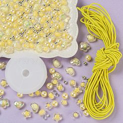 480個透明/模造パールアクリルビーズ  1ロール弾性クリスタルスレッド  弾性コード  DIYブレスレット作成キット用  きいろ  ビーズ：480個/袋&nbsp;DIY-LS0003-05A