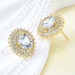 女性用真鍮マイクロパヴェクリアキュービックジルコニアスタッドピアス  オーバル  16KGP本金メッキ  12.5x11mm&nbsp;EJEW-F363-03G