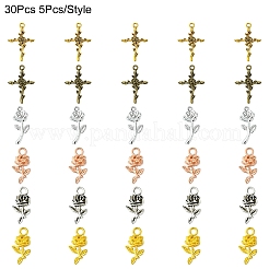 30pcs6スタイルチベットスタイルアロイペンダント  花  ミックスカラー  21~34.5x9.5~23x2~3mm  穴：1.6~2.5mm  5個/スタイル&nbsp;FIND-YW0005-08