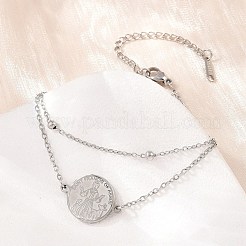 304ステンレススチールマルチ連ブレスレット  ケーブル＆衛星チェーンブレスレット（女性用）  聖フランチェスコ・オブ・アッシジのフラットラウンドい  ステンレス鋼色  6.69インチ（17cm）&nbsp;SA-CBA7739-02P