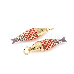 真鍮製エナメルペンダント  キュービックジルコニアの魚型チャーム付き  ラックめっき  カドミウムフリー＆鉛フリー  長持ちメッキ  18KGP本金メッキ  レッド  25.5x7.5x3.8mm  穴：3.5mm&nbsp;KK-B148-14G-07