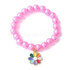 Abs プラスチック模造真珠ビーズ ストレッチ ブレスレット  女性のための合金エナメルチャームブレスレット  花  ショッキングピンク  内径：1-3/4インチ（4.5cm）&nbsp;BJEW-JB11585-03