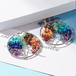 混合ジェムストーンチップ編みリングとツリーオブライフフープピアス  女性用304ステンレススチールワイヤーラップジュエリー  ステンレス鋼色  62x60x9mm  ピン：0.6x0.8mm&nbsp;EJEW-JE04885