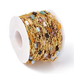 手作りの環境に優しい真鍮ハムサ ハンド リンク チェーン  キュービックジルコニアと天然宝石のコラムビーズ付き  18KGP本金メッキ  鉛フリー＆カドミウムフリー  ハンダ付け  スプールで  13x3.5mm  11x5x2mm&nbsp;CHC-E025-51G