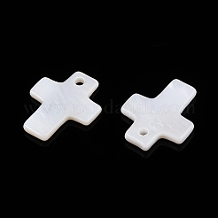 天然淡水貝のクロスチャーム  フローラルホワイト  13x10.5x1mm  穴：1.2mm&nbsp;SHEL-T020-07