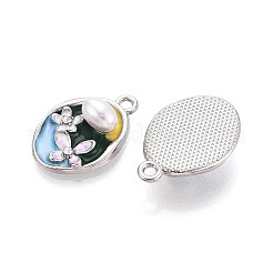 ラックメッキ合金ラインストーンエナメルペンダント  楕円形と花  ABSの模造パールと  プラチナ  22x15.5x6mm  穴：1.8mm&nbsp;ENAM-N065-09P