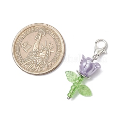 花のアクリルとプラスチックの模造真珠ビーズと日本のシードビーズのペンダント装飾  亜鉛合金カニカン付き  プラチナ  36mm  7個/セット&nbsp;HJEW-JM03232-01