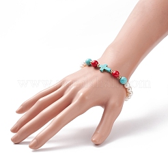 Synthetic Turquoise(Dyed) Cross & Natural Mashan Jade & Pearl Beaded Stretch Bracelet&nbsp;BJEW-TA00161