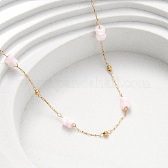 304 Stainless Steel with Dyed Pink Natural Shell Disc Beads Link Chain Necklaces for Women&nbsp;NJEW-K255-46G