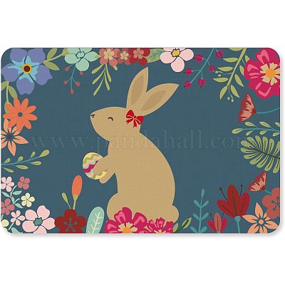 リネンポリエステルとゴムのグランドマット  長方形  ティール  兎  40x60cm&nbsp;AJEW-WH0142-019-1