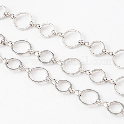 真鍮製手作りのチェーン  溶接されていない  スプールで  プラチナ  直径約8と10mm  厚さ1mm  約32.8フィート（10m）/ロール&nbsp;CHR024-CK142-NF-1