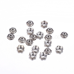 6 -petalチベットスタイル合金の花のビーズキャップ  カドミウムフリー＆鉛フリー  アンティークシルバー  6x2mm  穴：1mm