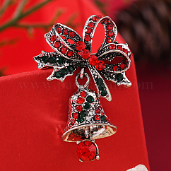 クリスマステーマの金合金ラインストーンブローチピン  カラフル  クリスマス鐘
