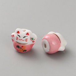 手作りプリント陶器ビーズ  幸運の猫  ピンク  15x16.5x13.5mm  穴：2mm&nbsp;PORC-WH0018-03D