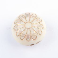 花メッキアクリルビーズ付きのフラットラウンド  ゴールドライン入り  ベージュ  16x10mm  穴：1.5mm  約380個/500g&nbsp;PACR-Q102-213A