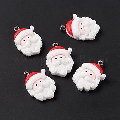 クリスマステーマの不透明樹脂ペンダント  プラチナトーン鉄パーツ  サンタクロースヘッド  ホワイト  26.5x18x7.5mm  穴：2mm&nbsp;LS-FIND-E025-14