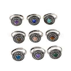 天然宝石の指輪  ラウンド  真鍮製リング  アンティークシルバー  16.5mm  内径：18mm&nbsp;RJEW-A084-07AS