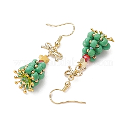 ガラスダングルピアス  真鍮パーツ  クリスマスツリー  ゴールドカラー  48x13.5mm&nbsp;EJEW-TA00440-01