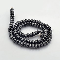 電気メッキ磁気無し合成ヘマタイトビーズ連売り  ファセットロンデル  黒メッキ  6x4mm  穴：1mm  約102個/連  15.7インチ&nbsp;G-J208F-01