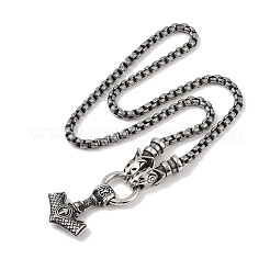304 Stainless Steel Wolf Head King Box Chain Viking Mjolnir Thor Hammer Pendant Necklaces for Men&nbsp;NJEW-K278-01AS