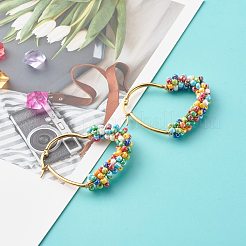 女の子の女性のためのハートガラスシードビーズフープピアス  304ステンレススチール製イヤリングワイヤー付き  ゴールドカラー  ミックスカラー  45x37x8mm  ピン：1mm&nbsp;EJEW-JE04613