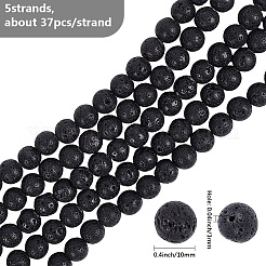5連売り天然溶岩ラウンドビーズ連売り  ラウンド  ブラック  10mm  穴：1mm  約37個/連  15.15インチ（38.5cm）&nbsp;G-LT0001-02A-02