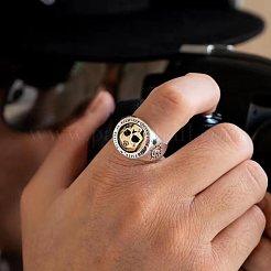 男性用のレトロな合金製指輪  スカル  アンティークシルバー＆アンティーク金色  usサイズ10（19.8mm）&nbsp;WGBD042-01