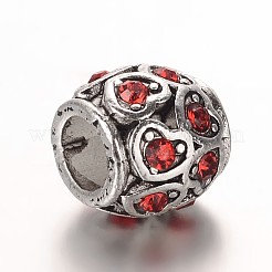 アンティークシルバーメッキ合金ラインストーンヨーロピアンビーズ  ハートビーズと大きな穴バレル  ミックスカラー  10x9.5mm  穴：5mm&nbsp;CPDL-E036-C