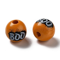ハロウィーン スプレー塗装ウッド ビーズ  単語ブーでラウンド  ダークオレンジ  15.5~16x14.5~15mm  穴：4mm&nbsp;WOOD-C002-04