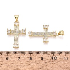 宗教的な真鍮マイクロパヴェクリアキュービックジルコニアペンダント  クロスチャーム  16KGP本金メッキ  27.5x16.5x3mm  穴：5x3.5mm&nbsp;KK-T080-42G