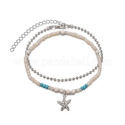 1Pc Starfish Alloy Charm Glass Seed Beaded Stretch Anklets and 1Pc Alloy Ball Chain Anklets&nbsp;FS-WGED47C-01