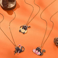 ハロウィーンテーマの合金エナメル猫ペンダントネックレス、304ステンレススチールアズキチェーン付き  混合図形  17.36~17.72インチ（44.1~45cm）&nbsp;NJEW-JN04371
